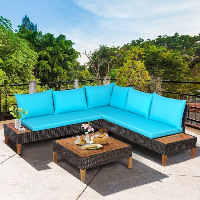 4 Pieces Outdoor Patio Rattan Wicker Furniture Set with Cushion and Side Table