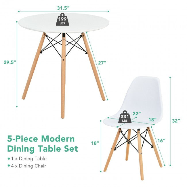 5 Pieces Modern Dining Table Set with Round Table and 4 White Chairs