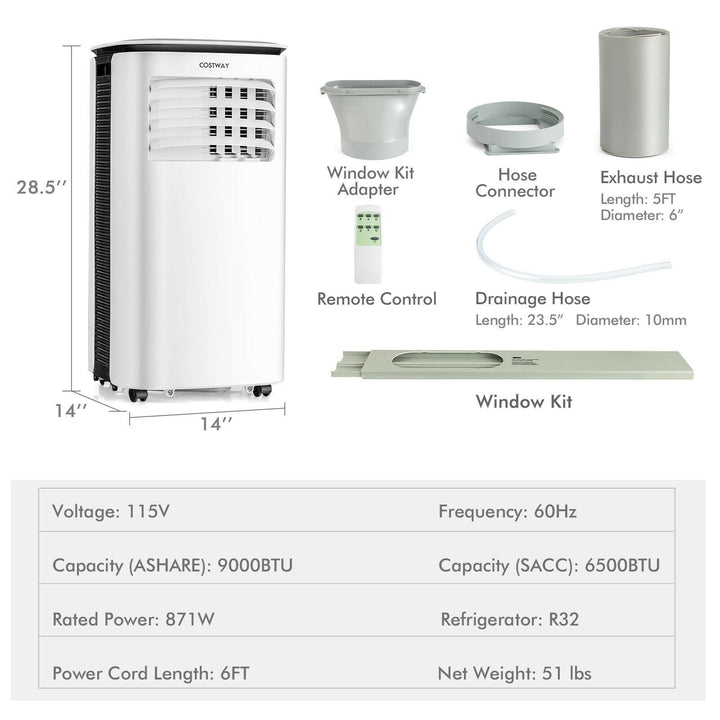 9000 BTU 3 in 1 Portable Air Conditioner with Fan and Dehumidifier
