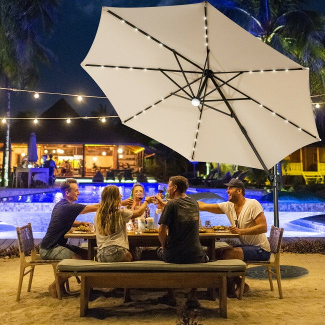 10ft Patio Cantilever Umbrella Outdoor Hanging Offset Umbrella with Solar LED Lights and 360-Degree Rotation
