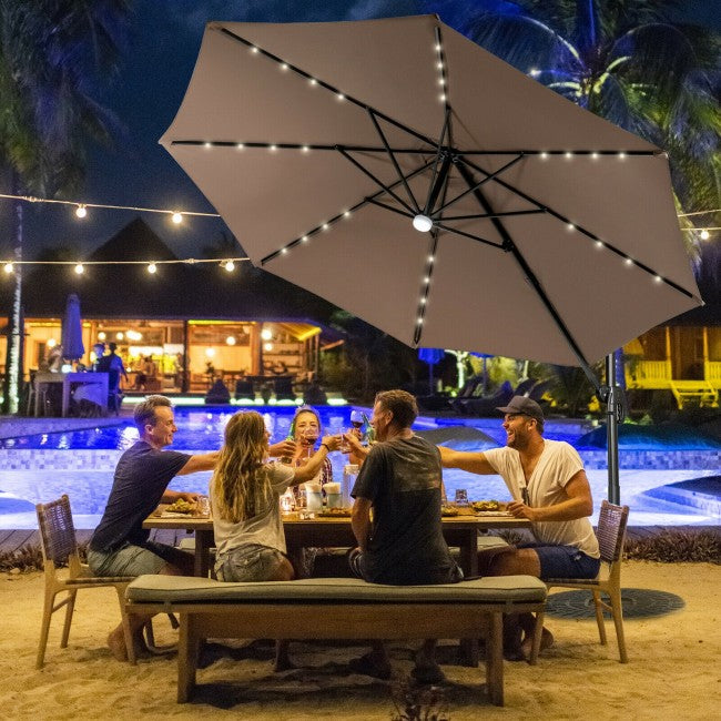 10ft Patio Cantilever Umbrella Outdoor Hanging Offset Umbrella with Solar LED Lights and 360-Degree Rotation