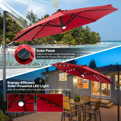 10ft Patio Cantilever Umbrella Outdoor Hanging Offset Umbrella with Solar LED Lights and 360-Degree Rotation