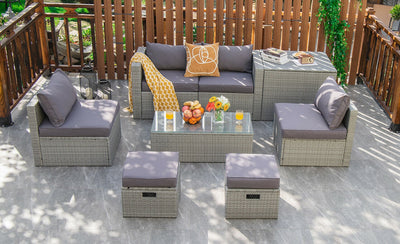 8 Pieces Patio Cushioned Rattan Furniture Set with Storage Waterproof Cover and Space-Saving Design