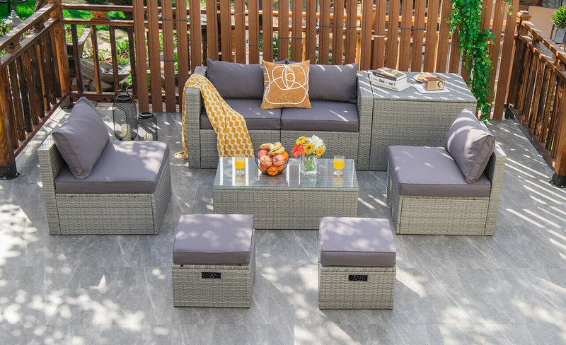 8 Pieces Patio Cushioned Rattan Furniture Set with Storage Waterproof Cover and Space-Saving Design