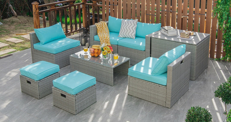 8 Pieces Patio Cushioned Rattan Furniture Set with Storage Waterproof Cover and Space-Saving Design