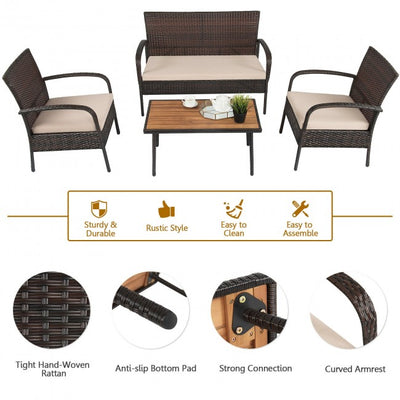 4 Pieces Patio Rattan Furniture Set Outdoor Wicker Conversation Loveseat with Soft Cushion