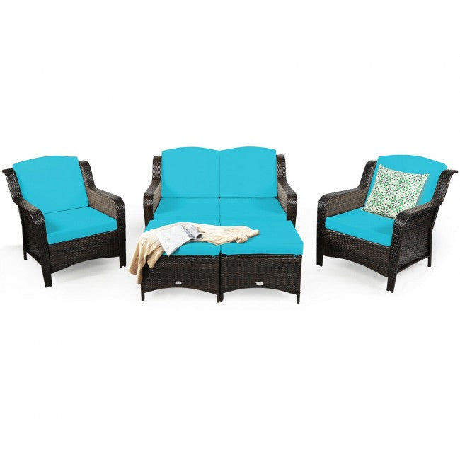 5 Pieces Patio Rattan Sofa Set outdoor conversation set with Cushion and Ottoman