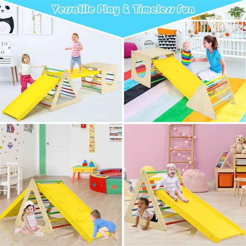5-in-1 Kids Triangle Climber Wooden Climbing Toys Toddler Montessori Play Gym Set Playground Climbing Ladder with 2 Ramp