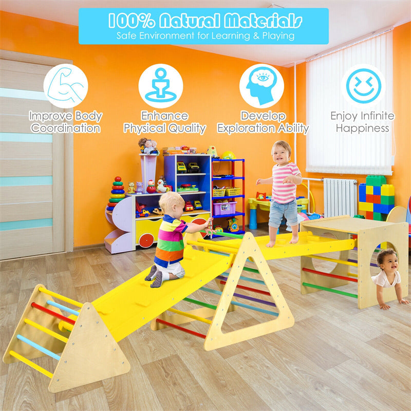 5-in-1 Kids Triangle Climber Wooden Climbing Toys Toddler Montessori Play Gym Set Playground Climbing Ladder with 2 Ramp