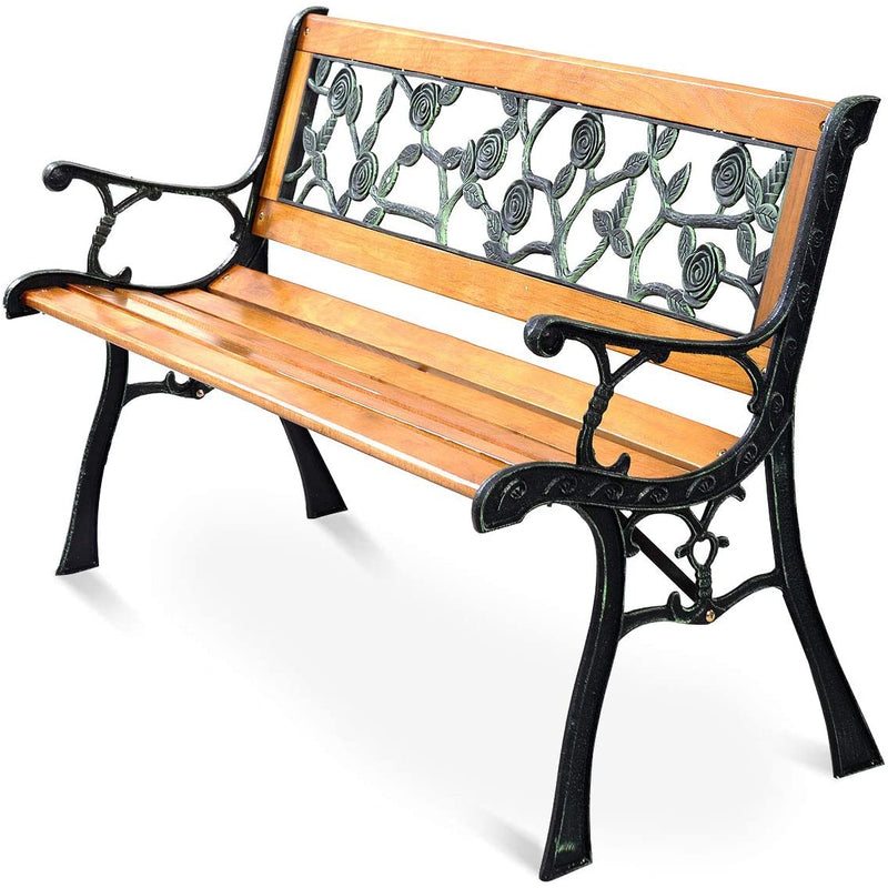 50" Outdoor Bench, Patio Park Rose Cast Iron Hardwood Frame Porch Loveseat Chair