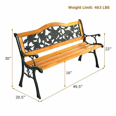 50" Outdoor Bench, Patio Park Rose Cast Iron Hardwood Frame Porch Loveseat Chair