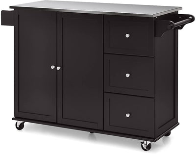 Kitchen Island Cart Rolling Trolley 2-Door Storage Cabinet with Adjustable Shelves and 3 Drawers