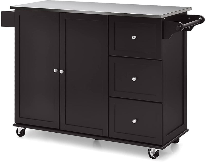 Kitchen Island Cart Rolling Trolley 2-Door Storage Cabinet with Adjustable Shelves and 3 Drawers