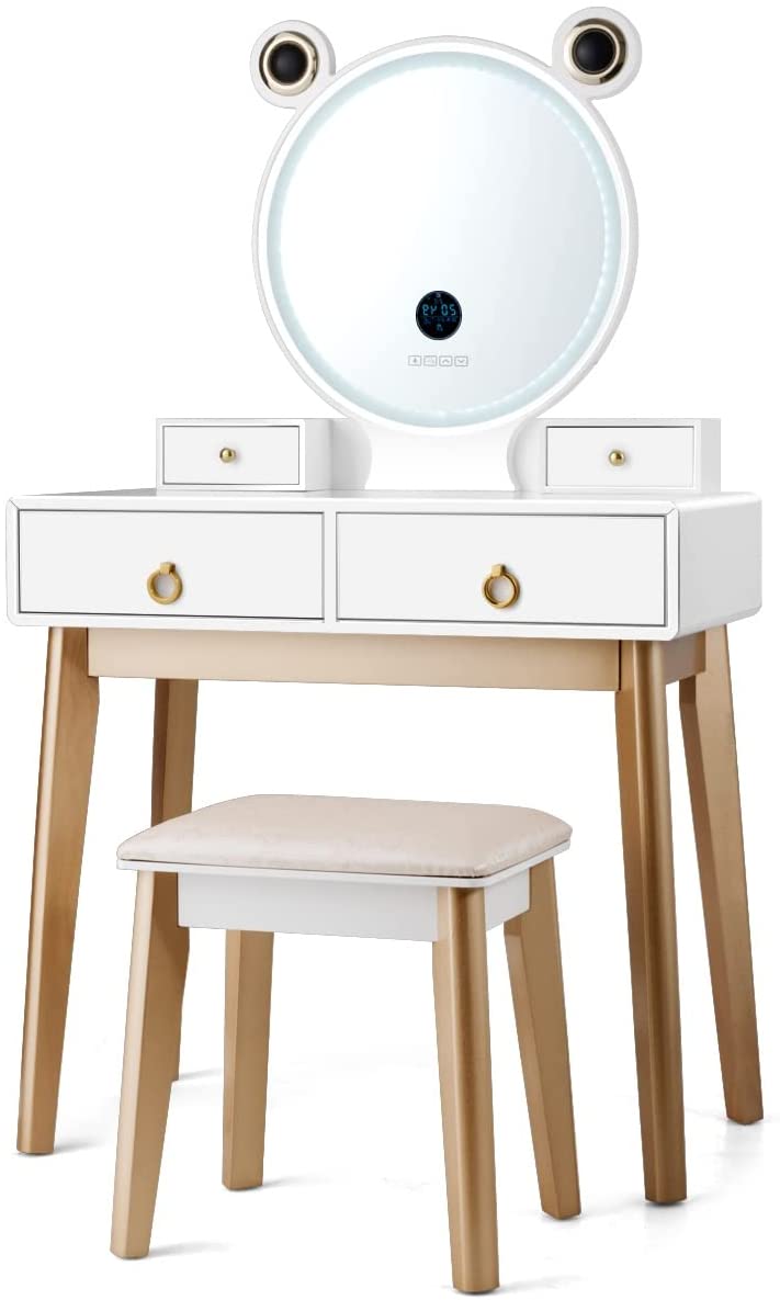 Vanity Table with Lighted Mirror and Cushion Stool, Makeup Dressing Desk for Girls Women