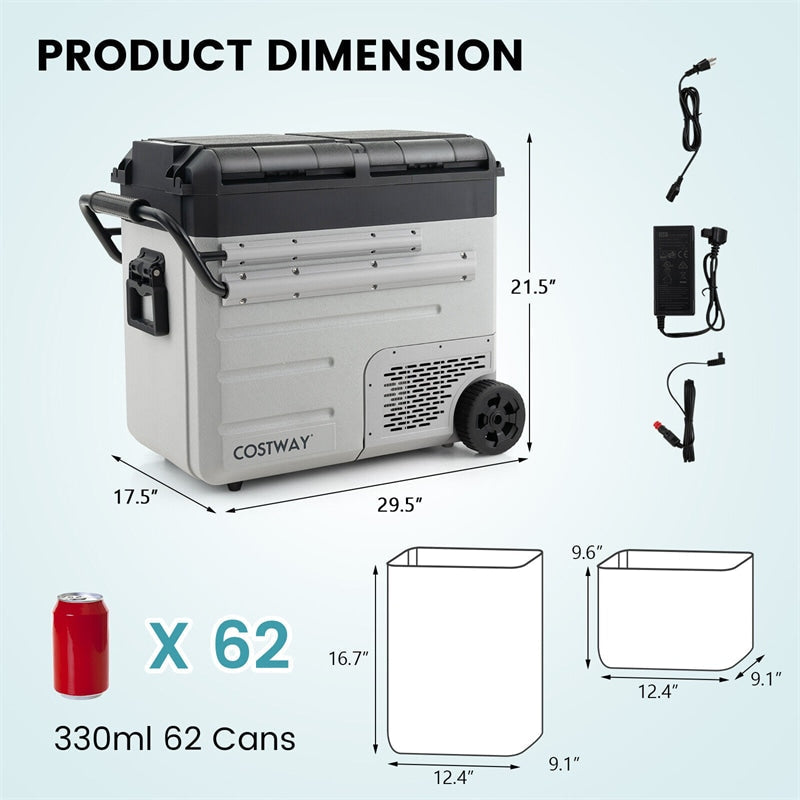 51 Quart Portable Car Refrigerator with Wheels 12/24V DC &amp; 110-240V AC Dual-zone Electric Car Cooler Fridge for RV Camping Travel Home