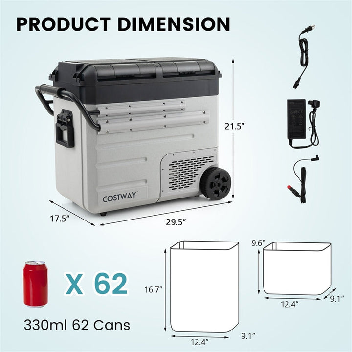 51 Quart Portable Car Refrigerator with Wheels 12/24V DC &amp; 110-240V AC Dual-zone Electric Car Cooler Fridge for RV Camping Travel Home