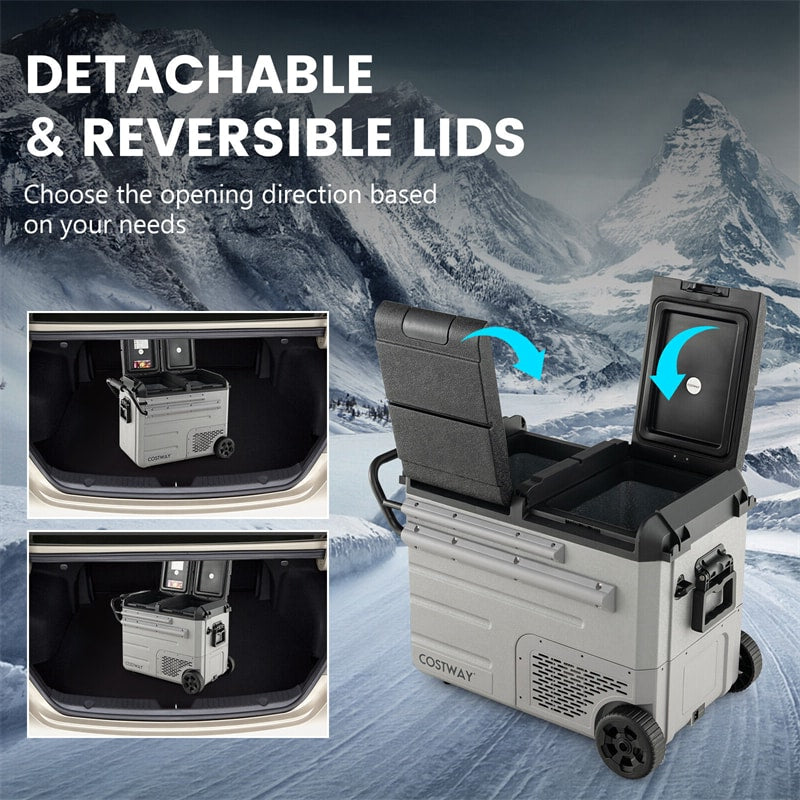 51 Quart Portable Car Refrigerator with Wheels 12/24V DC &amp; 110-240V AC Dual-zone Electric Car Cooler Fridge for RV Camping Travel Home