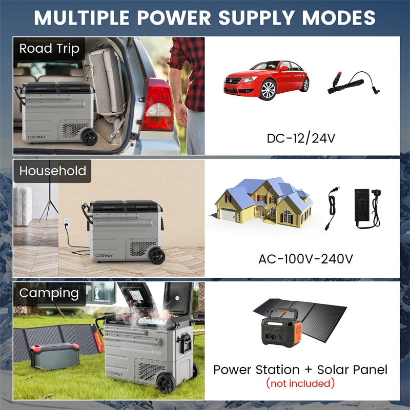 51 Quart Portable Car Refrigerator with Wheels 12/24V DC &amp; 110-240V AC Dual-zone Electric Car Cooler Fridge for RV Camping Travel Home