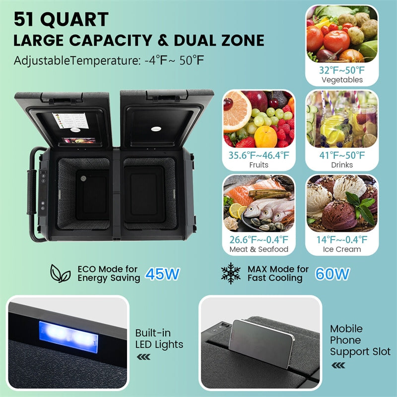 51 Quart Portable Car Refrigerator with Wheels 12/24V DC &amp; 110-240V AC Dual-zone Electric Car Cooler Fridge for RV Camping Travel Home
