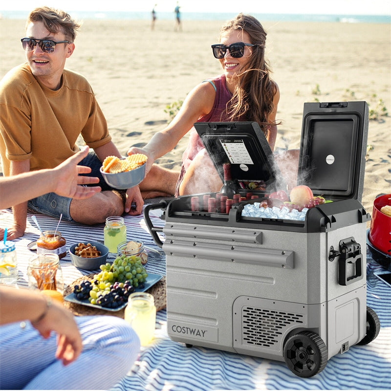 51 Quart Portable Car Refrigerator with Wheels 12/24V DC &amp; 110-240V AC Dual-zone Electric Car Cooler Fridge for RV Camping Travel Home