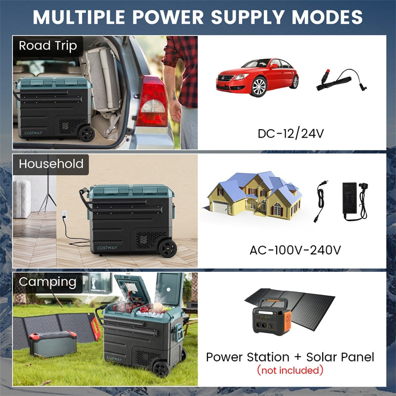 51 Quart Portable Car Refrigerator with Wheels 12/24V DC &amp; 110-240V AC Dual-zone Electric Car Cooler Fridge for RV Camping Travel Home