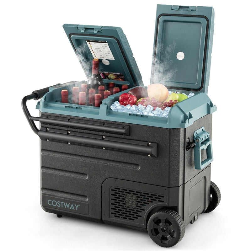 51 Quart Portable Car Refrigerator with Wheels 12/24V DC &amp; 110-240V AC Dual-zone Electric Car Cooler Fridge for RV Camping Travel Home