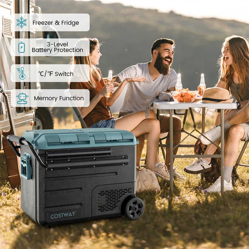 51 Quart Portable Car Refrigerator with Wheels 12/24V DC & 110-240V AC Dual-zone Electric Car Cooler Fridge for RV Camping Travel Home