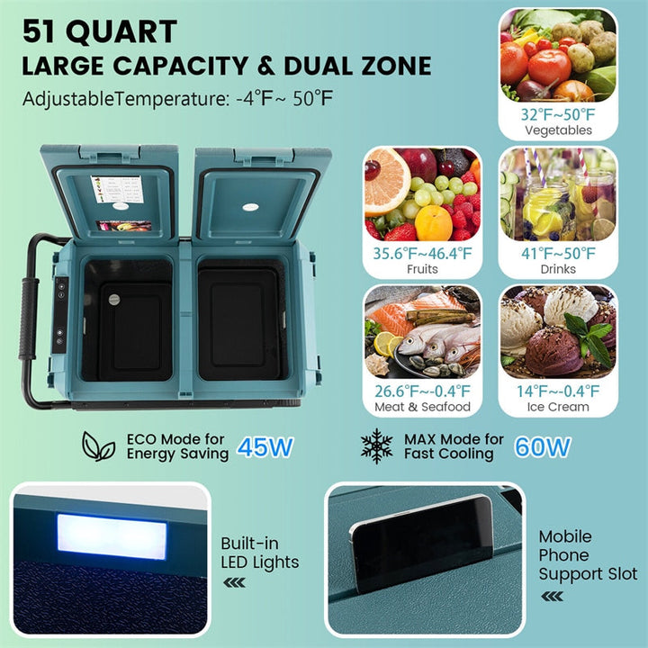 51 Quart Portable Car Refrigerator with Wheels 12/24V DC &amp; 110-240V AC Dual-zone Electric Car Cooler Fridge for RV Camping Travel Home