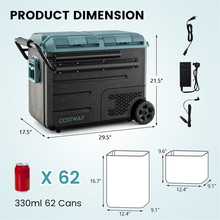 51 Quart Portable Car Refrigerator with Wheels 12/24V DC &amp; 110-240V AC Dual-zone Electric Car Cooler Fridge for RV Camping Travel Home
