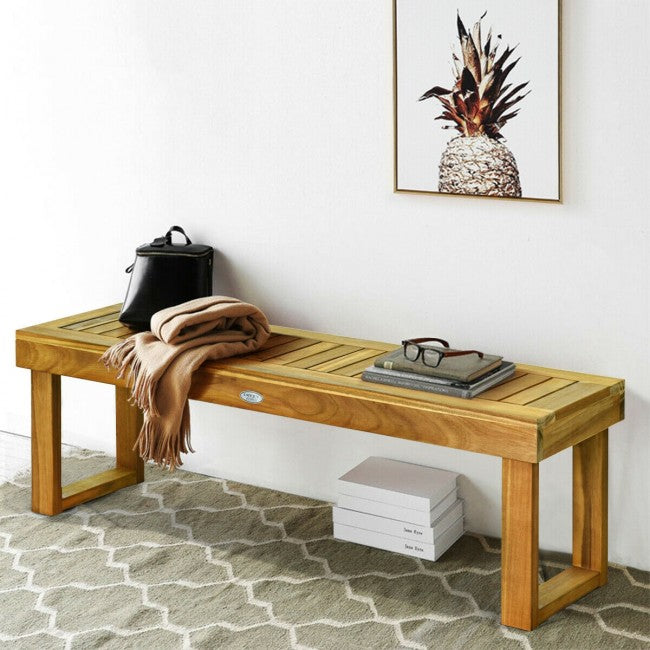 52 Inch Outdoor Patio Acacia Wood Dining Bench with Slatted Seat ...