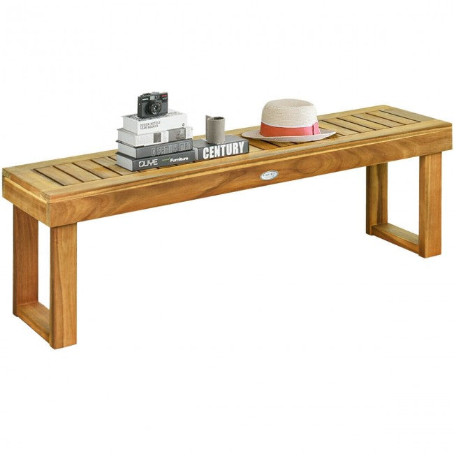 52 Inch Outdoor Patio Acacia Wood Dining Bench with Slatted Seat