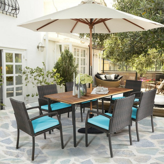 7 Pieces Outdoor Patio Rattan Dining Set Conversation Set with Soft Cushion and Umbrella Hole