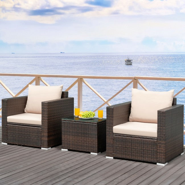 3 Pieces Patio Rattan Furniture Set Conversation Sofa Set with Cushion