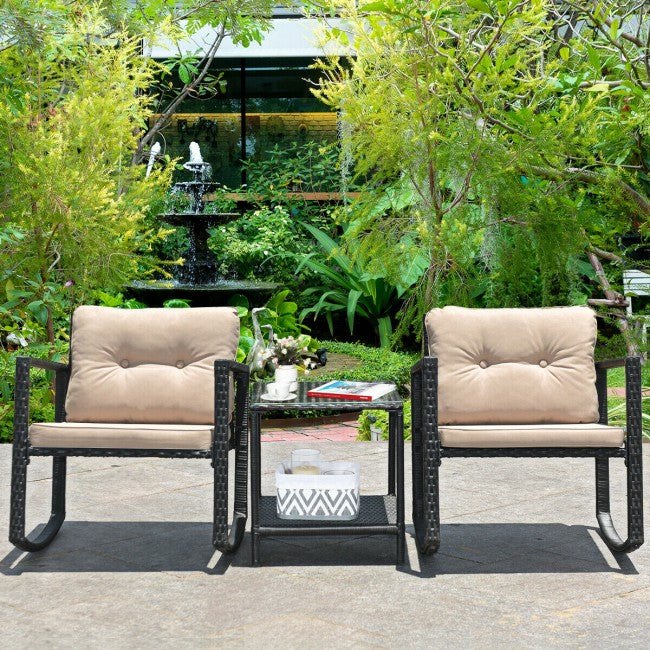 3 Pieces Patio Rocking Chair Outdoor Wicker Conversation Bistro Set  with Coffee Table