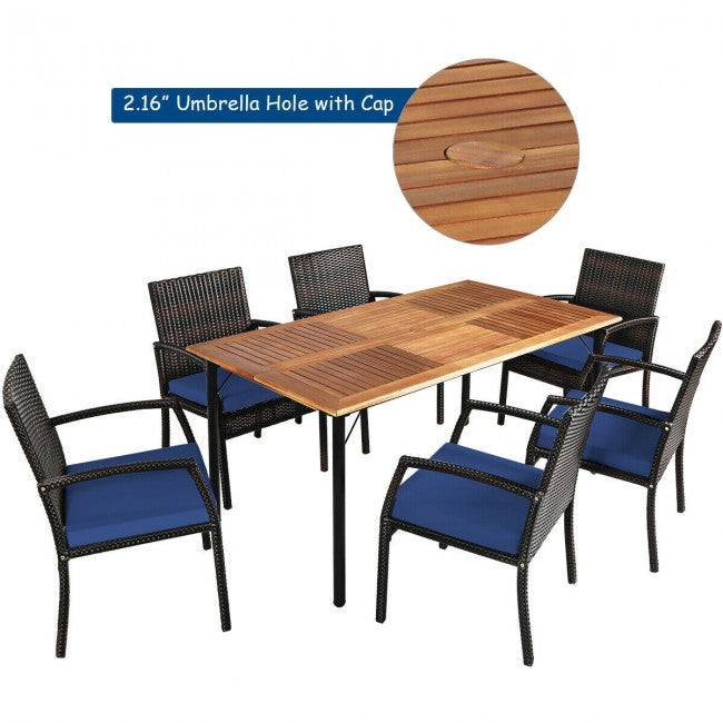 7 Pieces Outdoor Patio Rattan Dining Set Conversation Set with Soft Cushion and Umbrella Hole