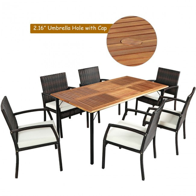 7 Pieces Outdoor Patio Rattan Dining Set Conversation Set with Soft Cushion and Umbrella Hole
