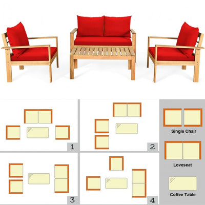 Outdoor 4 Pieces Acacia Wood Loveseat Chat Set Patio Furniture Conversation Sofa Set with Cushion and Coffee Table