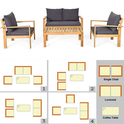 Outdoor 4 Pieces Acacia Wood Loveseat Chat Set Patio Furniture Conversation Sofa Set with Cushion and Coffee Table