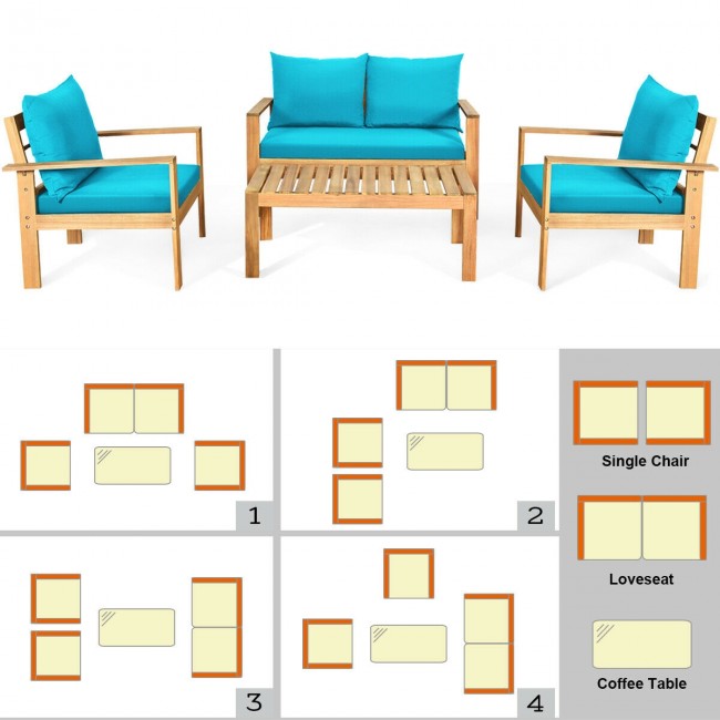 Outdoor 4 Pieces Acacia Wood Loveseat Chat Set Patio Furniture Conversation Sofa Set with Cushion and Coffee Table