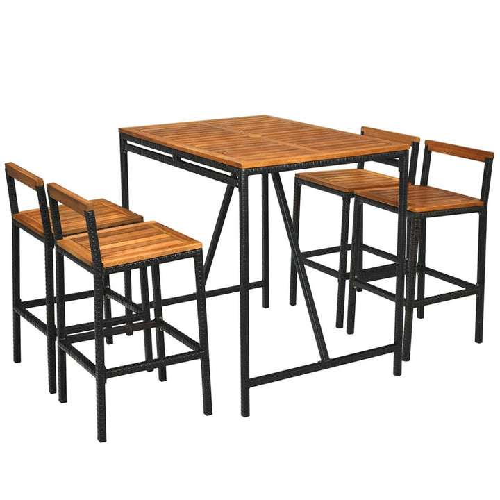 5 Piece Outdoor Acacia Wood Bar Height Dining Table Set with Umbrella Hole