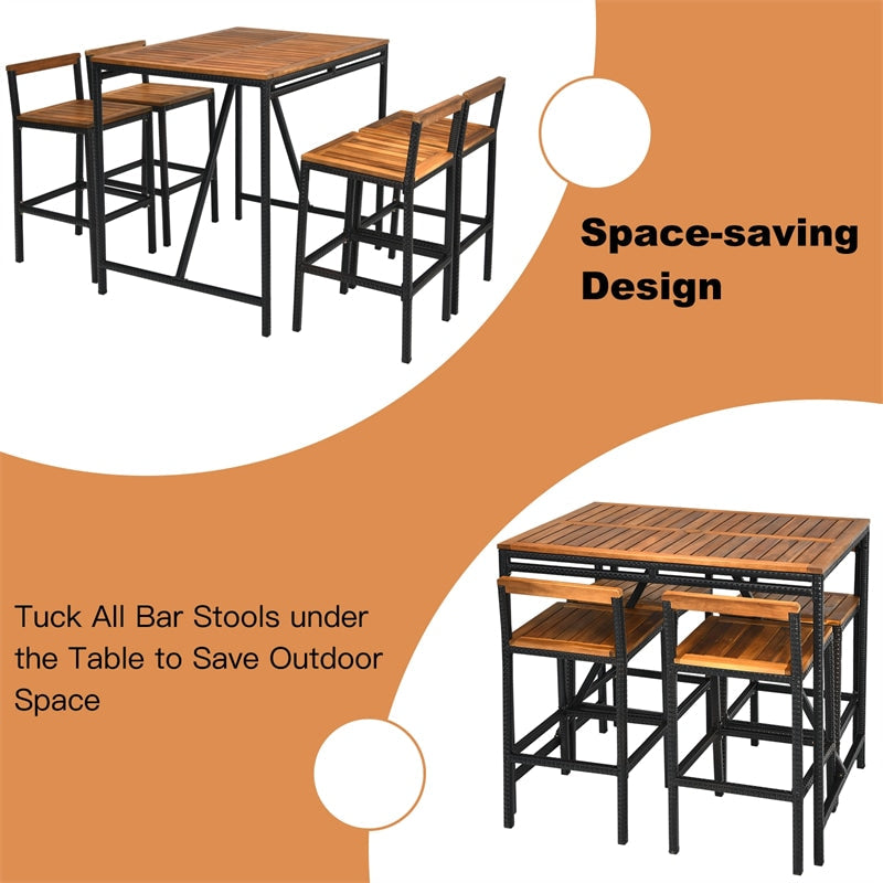 5 Piece Outdoor Acacia Wood Bar Height Dining Table Set with Umbrella Hole