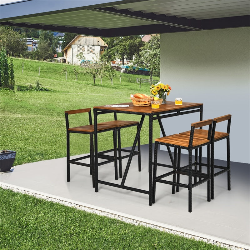 5 Piece Outdoor Acacia Wood Bar Height Dining Table Set with Umbrella Hole