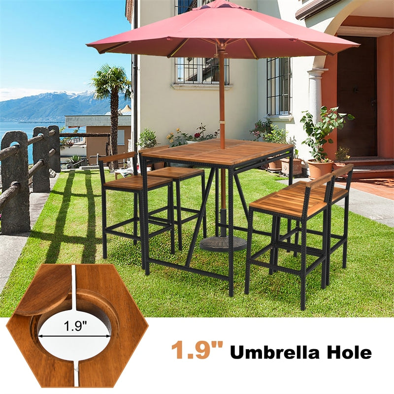 5 Piece Outdoor Acacia Wood Bar Height Dining Table Set with Umbrella Hole