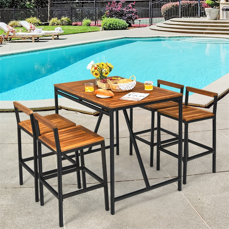 5 Piece Outdoor Acacia Wood Bar Height Dining Table Set with Umbrella Hole