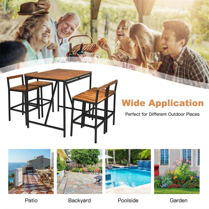 5 Piece Outdoor Acacia Wood Bar Height Dining Table Set with Umbrella Hole