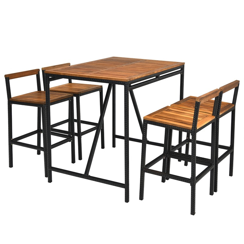 5 Piece Outdoor Acacia Wood Bar Height Dining Table Set with Umbrella Hole