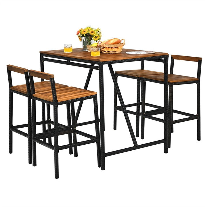 5 Piece Outdoor Acacia Wood Bar Height Dining Table Set with Umbrella Hole