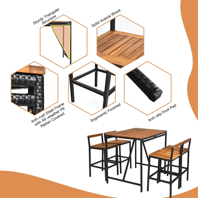 5 Piece Outdoor Acacia Wood Bar Height Dining Table Set with Umbrella Hole