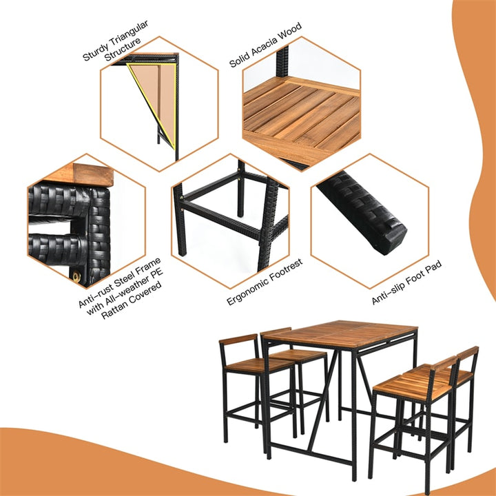 5 Piece Outdoor Acacia Wood Bar Height Dining Table Set with Umbrella Hole