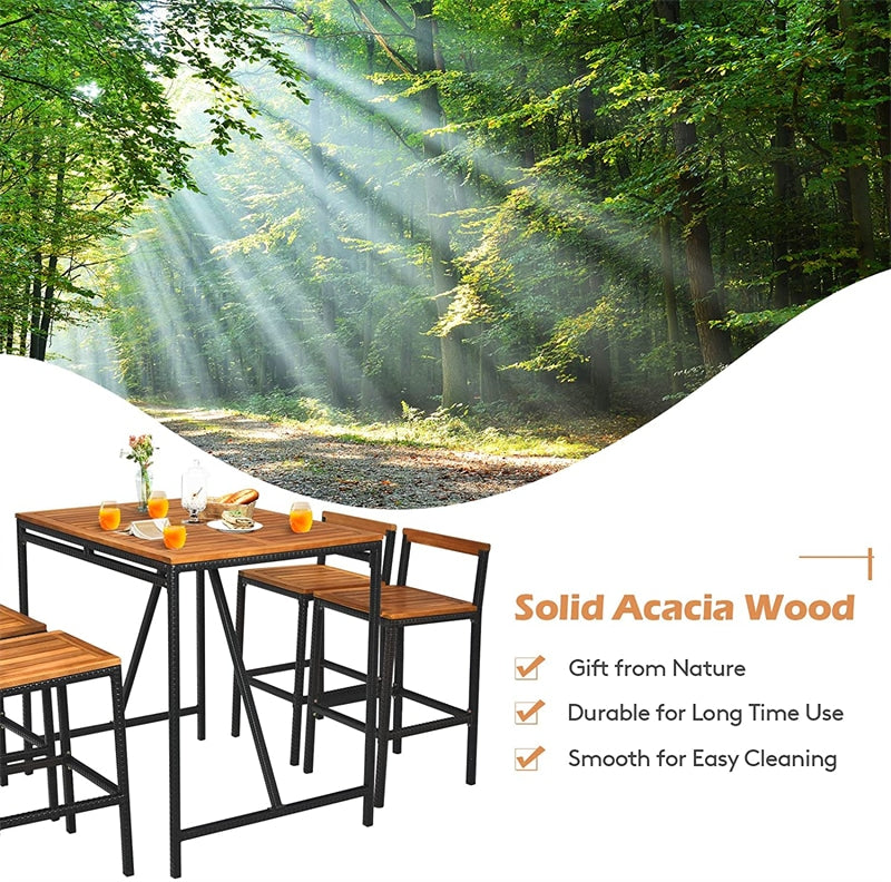 5 Piece Outdoor Acacia Wood Bar Height Dining Table Set with Umbrella Hole